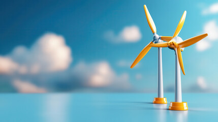 Aufkleber - Two futuristic wind turbines with yellow blades stand against vibrant blue sky with fluffy clouds, symbolizing renewable energy and innovation