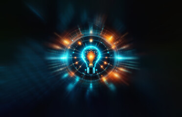 Aufkleber - Bright light bulb radiates with abstract blue and orange energy waves, surrounded by circular patterns against a dark backdrop, symbolizing innovation and ideas.