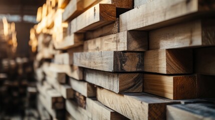 Poster - Stacks of lumber ready for processing in a warehouse during afternoon light. Generative AI