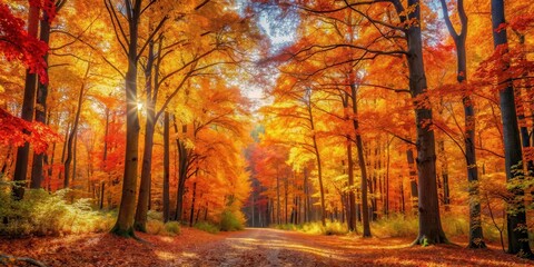  Serene autumn forest landscape with crisp golden leaves and colorful foliage above, surrounded by tall trees in shades of orange, yellow, and red, outdoor photography , forest landscape
