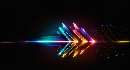 Poster - Colorful glowing arrow on black background. Abstract shape with vibrant neon lines and light effects. Dynamic, modern design.