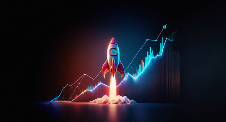 Poster - Neon rocket launches upwards against a glowing graph showing growth on dark backdrop. Symbolizes business success and financial progress.