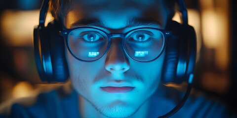 Focused programmer working on computer wearing headphones in dark room with blue light reflecting on glasses
