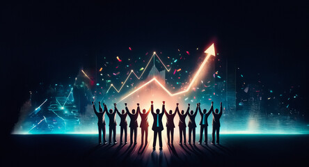 Poster - A group of silhouettes raises arms in celebration as a bright arrow chart ascends behind them, symbolizing business growth and success against a dark background.