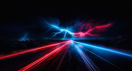Fototapete - Vibrant red and blue light streaks race beneath a stormy night sky illuminated by vivid lightning bolts. A dynamic and electric scene unfolds.