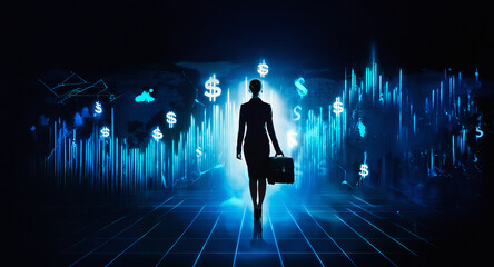 Aufkleber - A businesswoman silhouette strides with a briefcase into a bright, illuminated future. Financial graphs and dollar signs suggest a path towards economic success and growth.