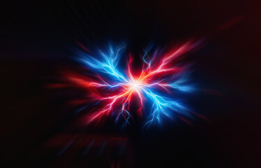 Poster - A vibrant energy core pulses with red and blue electric streams, radiating light against a dark backdrop, creating a dynamic and powerful visual effect.