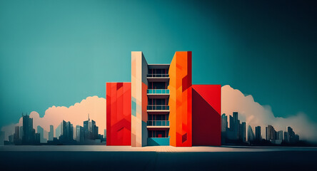 Fototapete - Geometric modern building with red, orange, and white blocks, featuring balconies. City skyline silhouette under a blue sky. Stylized art.