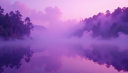 Wall Mural - Swirling purple mist rises from a tranquil lake, mist, violet background