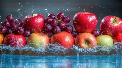 Sticker - Fresh Red And Green Apples And Grapes With Water Splash On Wooden Surface