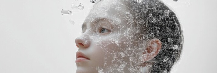 Leinwandbilder - Outline of human head showcasing artificial intelligence schematics and mechanisms in a detailed visual representation. Generative AI