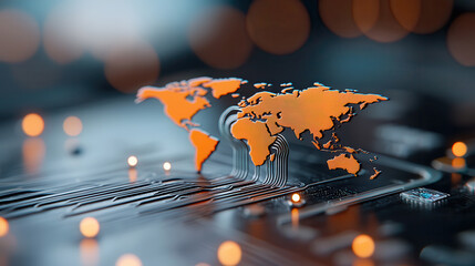 Leinwandbilder - dynamic visualization of global marketing network is depicted with abstract world map integrated into circuit board, symbolizing digital connectivity and innovation