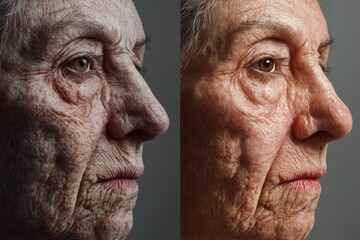 Poster - Transformation of an aged face to youthful skin through artistic split view showcasing beauty in contrast. Generative AI