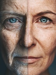 Aufkleber - Transformation of a face reveals age difference showcasing wrinkles and youthful smoothness in a split view. Generative AI