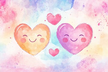 Aufkleber - Two smiling hearts surrounded by colorful watercolor splashes for cheerful decoration. Generative AI