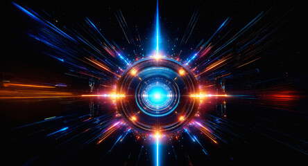 Aufkleber - Vibrant abstract design featuring a central radiant circle emitting bright blue and orange light beams on a dark backdrop. Energetic, futuristic.