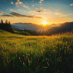 Fototapete - Sunrise over rolling hills and grassy meadows in a serene landscape. Generative AI