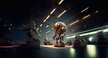 Aufkleber - A group of metallic robots are situated inside a dimly lit, industrial-style room with a metallic structure and floor.