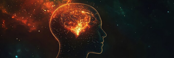 Poster - Silhouette of a human head with glowing quantum circuits representing advanced computing concepts. Generative AI