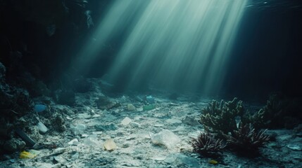 Aufkleber - Underwater view revealing dead corals and scattered plastic waste illuminated by dim light rays. Generative AI