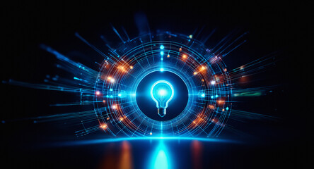 Poster - A glowing light bulb icon is centered in a vibrant digital circle design with blue and orange lights against a dark backdrop, symbolizing innovation.