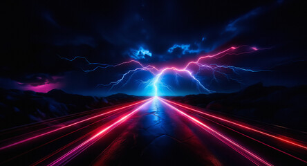 Fototapete - A vibrant road illuminated with neon streaks leads toward a dramatic lightning storm under a dark sky, creating a dynamic and energetic scene.