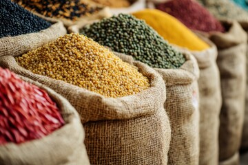 Poster - Colorful assortment of spices and grains in burlap bags at a market in a vibrant setting during daylight. Generative AI
