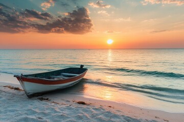 Poster - Sunset over calm waters with a boat resting on the sandy beach at a tropical location. Generative AI