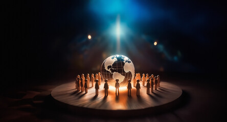 Leinwandbilder - Illuminated globe on a circular platform is surrounded by figures.  A bright light shines down in a dark environment, creating a stage-like scene.