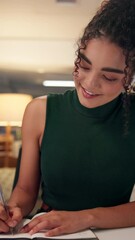 Aufkleber - Woman, video conference and pov with notes, writing and concentration as online course in home. Female person, night and virtual chat for connection, education and e learning in university or college