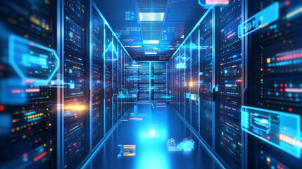 Wall Mural - date center isometric concept vector illustration. server room with hardware racks or web hosting in