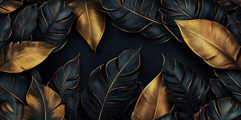 Luxurious Gold Tropical Leaves on Black Background Botanical Illustration Art Deco Style