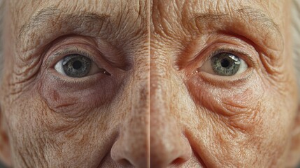 Poster - Transformation of aging skin showcasing wrinkles and dullness contrasted with smooth youthful appearance. Generative AI