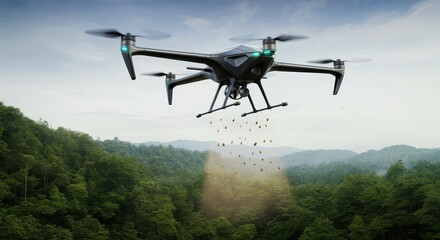 Poster - Drone Technology for Reforestation in Deforested Area with Tree Stumps and Misty Forest Background