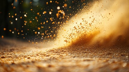 Wall Mural - Swirling golden sand explosion, creating organic textures, vivid contrast 