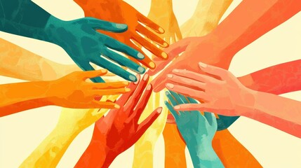 Aufkleber - Interconnected hands symbolizing unity and support among diverse communities with various skin tones. Generative AI