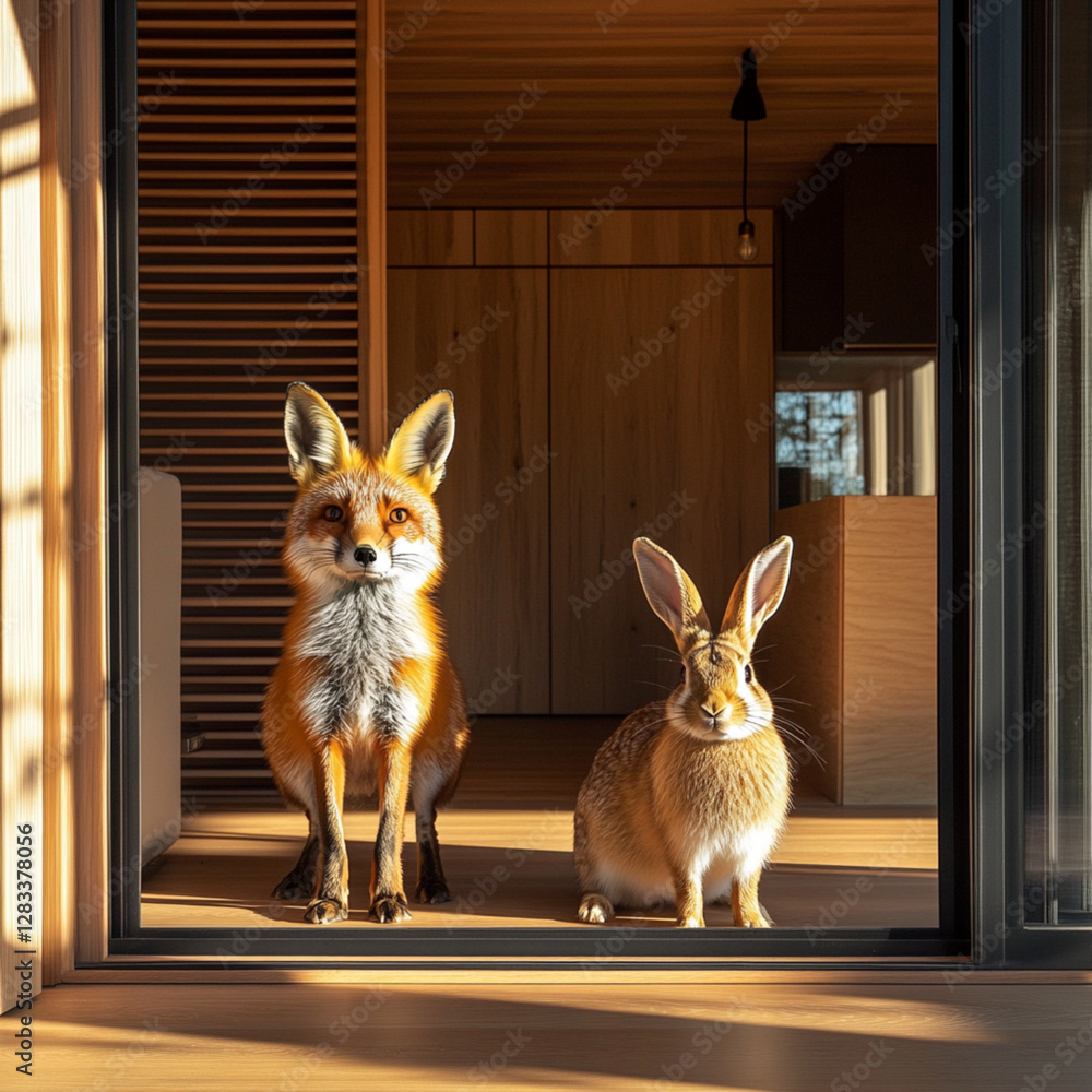 Rabbit In The Window A photo of a curious fox and rabbit standing in the window of a modern ...