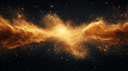 Wall Mural - symmetrical golden sand burst, fine particles floating in a dark space