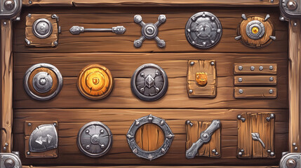 Wall Mural - wood pirate ui game frame and board button vector. wooden texture menu interface with arrow, panel a