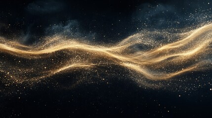 Wall Mural - Wave-like golden sand dispersing, organic patterns on a black backdrop 