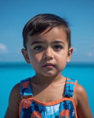 Wall Mural - A toddler boy in summer attire in close up portrait on a plain sky blue background