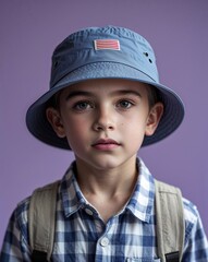 A young boy in casual summer attire with a bucket hat in close up portrait on a plain lilac background