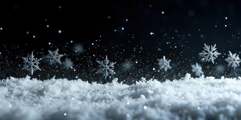 Wall Mural - delicate flakes of snow gently fall onto a dark and snowy landscape isolated on black background , s