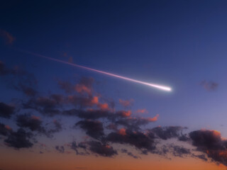 Wall Mural - bright shooting star above the clouds. a large bolide lights up the sky at sunset. meteor trail isol
