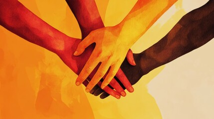 Aufkleber - Interconnected hands symbolizing unity among diverse cultures and support for one another in a vibrant setting. Generative AI