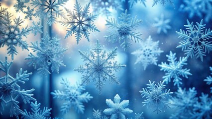 Wall Mural - delicate blue snowflakes dance gently around a frosty windowpane, creating a serene winter scene, ic