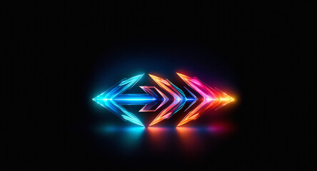 Aufkleber - A glowing geometric shape with vibrant neon lights in blue, cyan, orange, red, and pink hues illuminates against a stark black backdrop, creating an abstract, futuristic design.