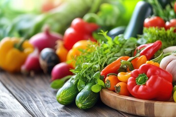 Leinwandbilder - Freshly harvested colorful vegetables arranged on wooden table ready for cooking and healthy meals. Generative AI