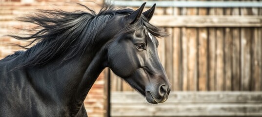 Majestic black horse posing near wooden fence in ranch