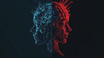 Fototapete - Human head outline merges organic and mechanical features with AI technology in a detailed cybernetic design. Generative AI